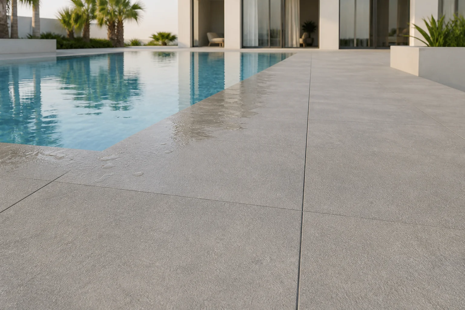 Textured anti-skid porcelain tiles installed around a wet UAE villa pool deck
